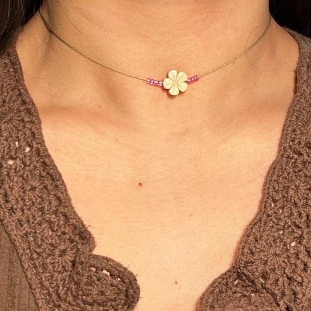Wood Boho Flower Czech glass Necklace